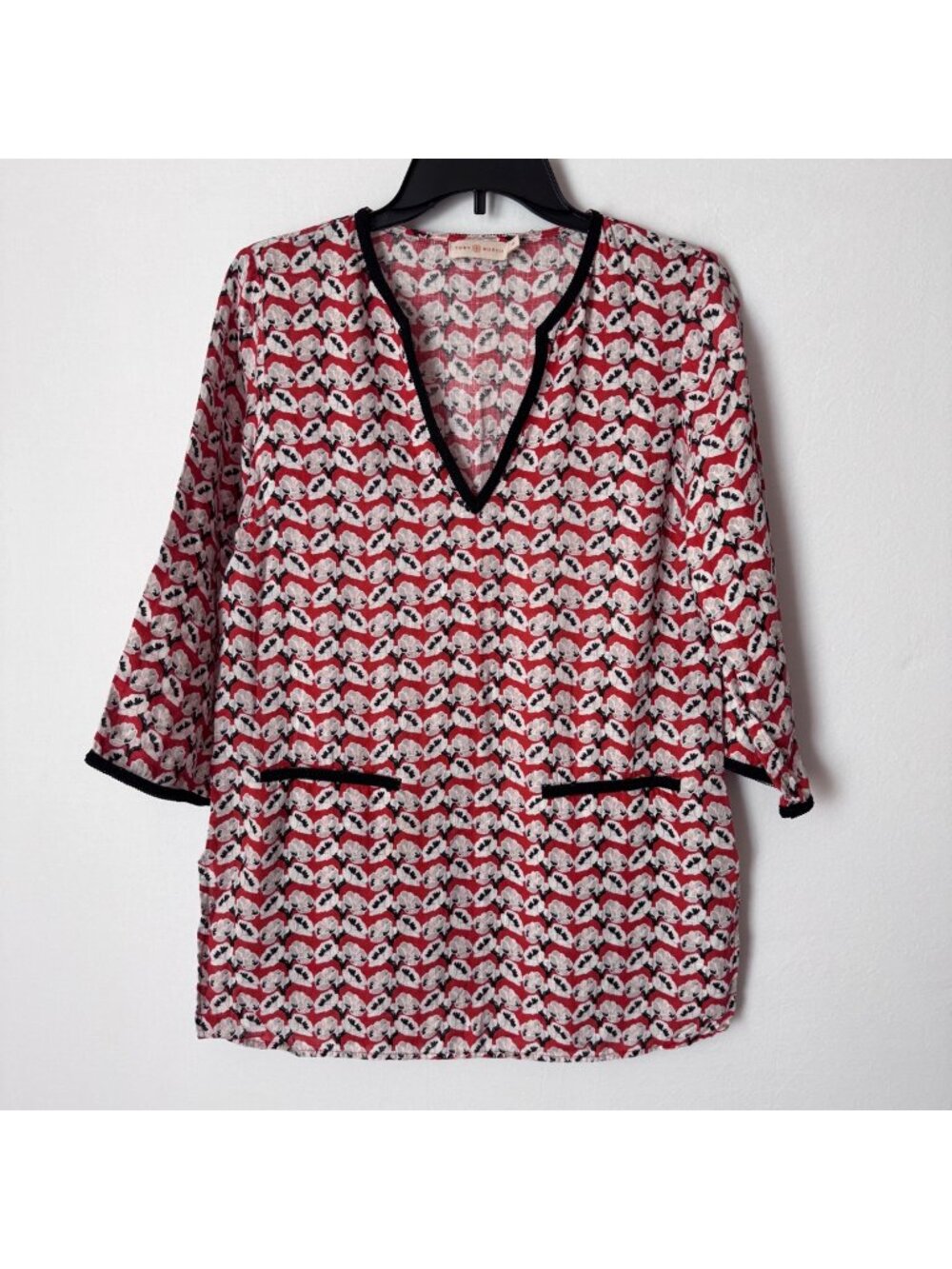 Tory Burch Women Red Floral 100% Linen Black Trim Tunic Top Size XS